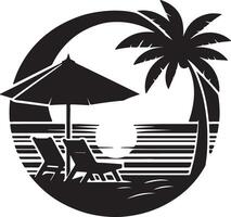 A silhouette of a beach with a palm tree and two chairs vector