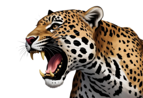 Head portrait of roaring jaguar with open mouth and fangs visible. png