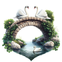 Graceful Swans on Bridge Over Water with Rocks and Plants Transparent Background png