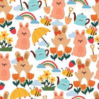 seamless pattern cute cartoon bunny with bees and spring stuff. cute animal drawing for spring wallpaper and background vector
