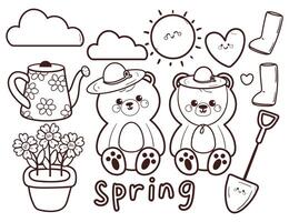 coloring sticker cartoon spring sticker set with cartoon bears and plant set. cute coloring page for spring season, doodle set vector
