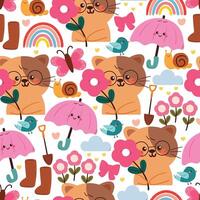 seamless pattern cartoon cat with flowers and spring stuff. cute animal pattern for wallpaper, background and gift wrap paper vector