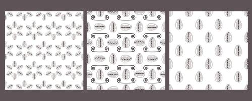 Shells seamless pattern. Set of repeat ornaments with sea elementsand spiral symbols. Various shellfish on white background. Snall seashell. flat illustration vector
