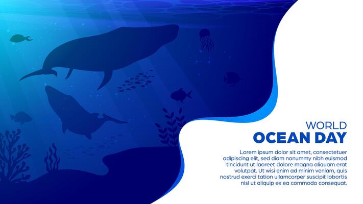 World Ocean Day Background - Banner with giant blue whale swimming in underwater
