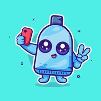 smiling toothpaste tube character mascot taking a selfie with a smartphone isolated cartoon vector