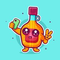 happy maple syrup bottle character mascot taking a selfie with a smartphone isolated cartoon vector