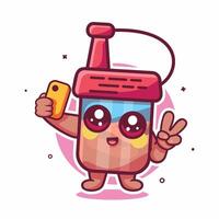 smiling soy sauce bottle character mascot taking a selfie with a smartphone isolated cartoon vector