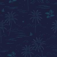 Summer island seamless pattern on navy blue background,landscape with palm trees,beach and ocean on hand drawn style vector