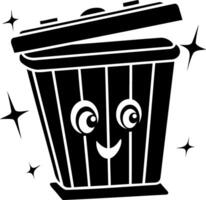 Cute cartoon trash bin can with smiling face and sparkling stars around it, conveying cheerful vibe vector