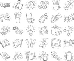 Hand-drawn doodles of creative tools and workspace elements vector