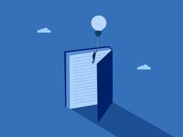 Learn outside the textbook, Businessman flying with a lightbulb balloon out of a textbook vector