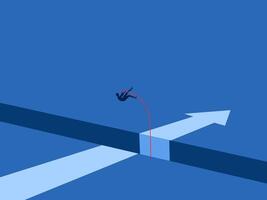 businessman jumps across a gap and is guided by an arrow vector