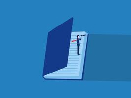 Exploring the world outside the textbooks, Businessman looking at telescope on an open book vector