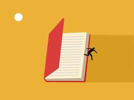 Learn outside the textbook, Businessman runs out of an open book vector