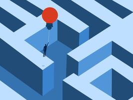 Using Idea to Solve Problems Successful, Businessman Floats on Balloons from Maze vector