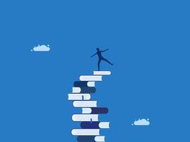 Trial and error learning, businessman balancing on unstable stack of books vector