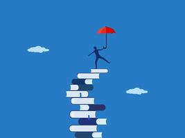 man balancing an umbrella on a pile of books that is about to fall vector