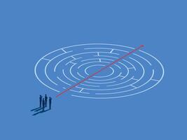 Business team stands solving a simple maze puzzle vector