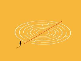 Businessman walks along an arrow pointing to a simple path to solve a maze puzzle vector