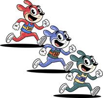 A groovy cartoon mascot of a running athlete rabbit, with an RGB color theme concept. vector
