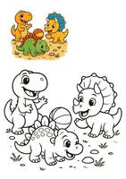Playful Dinosaur Friends Coloring Set Cute Dino Trio with Ball Color and Outline Versions in A4 size vector