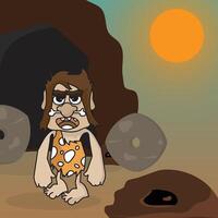 An uncivilized primitive caveman with cave illustration and Stone Age background. vector