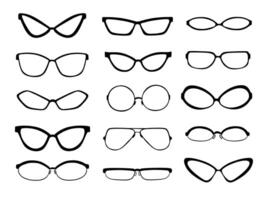 Minimal Eyeglasses Frame Icon Set. A collection of 15 eyeglasses frame icons in clean silhouette style featuring cat eye oval rectangle and round designs. Perfect for stylish accessory visuals vector