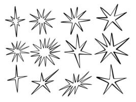 Doodle Starburst Outline Retro Comic. A curated collection of twelve hand drawn starburst and flare elements in various forms including pointed bursts jagged edges compact shapes and more vector