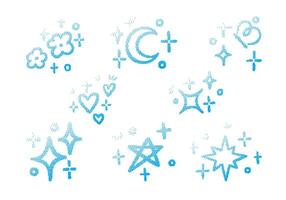 Cyan Pixel Gradient Sparkle Celestial. A complete collection of 8 halftone pixel elements in cyan gradient featuring sparkles stars moon hearts flowers shapes. Perfect for dreamy digital designs vector