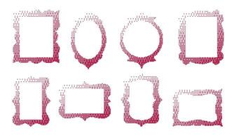 Halftone Pixel Frame In Maroon Gradient. A complete collection of 8 ornate frames in maroon halftone pixel gradient featuring decorative silhouettes. Perfect for photo borders vintage layouts vector