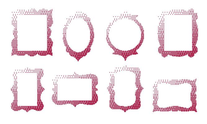 Halftone Pixel Frame In Maroon Gradient. A complete collection of 8 ornate frames in maroon halftone pixel gradient featuring decorative silhouettes. Perfect for photo borders vintage layouts