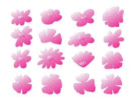 Pink Pixel Gradient Halftone Floral. A complete collection of 16 floral shapes in pink halftone pixel gradient featuring rounded petals abstract blossoms. Perfect for decorative design botanical icons vector