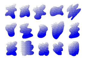 Abstract Pixel Gradient Blob Collection. A set of abstract pixel gradient blobs featuring halftone dot transitions soft fade patterns and organic digital shapes. Perfect for tech visuals glitch art vector