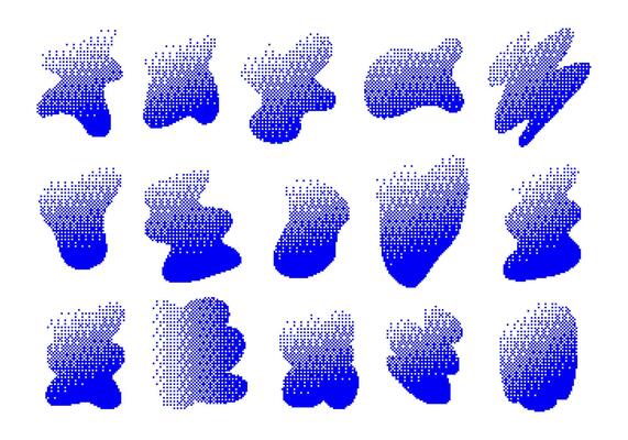Abstract Pixel Gradient Blob Collection. A set of abstract pixel gradient blobs featuring halftone dot transitions soft fade patterns and organic digital shapes. Perfect for tech visuals glitch art