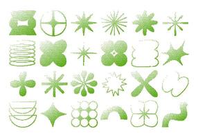 Green Pixel Gradient Halftone Shape. A collection of 24 abstract pixel gradient halftone shapes in green tones including stars blobs flowers. Perfect for UI design visual overlays and modern graphic vector