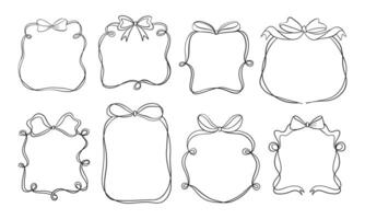Hand Drawn Ribbon Frame Collection. A graceful collection of eight hand drawn frames featuring ribbons bows curls and loops in various square round and oval perfect for packaging labels invitation vector