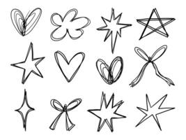 Doodle Style Hearts Stars Bows and Burst. A playful collection of twelve hand drawn elements including hearts stars ribbons and bursts in a loose sketch style perfect for romantic themes fun graphics vector
