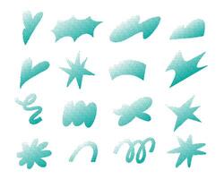 Teal Pixel Gradient Abstract Shape. A complete collection of 16 abstract halftone shapes in teal pixel gradient including stars hearts curves splashes and brush. Perfect for digital design UI overlays vector