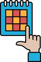 A hand pointing at a calendar with a red and orange square on it vector