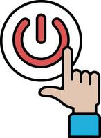 A red and white button with a hand pointing to it vector