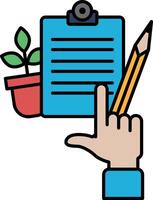 A hand pointing to a piece of paper with a pencil on it vector