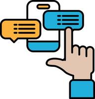 A hand is pointing at a cell phone with a blue screen and orange text vector
