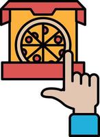 A hand pointing to a pizza box with a pizza inside vector