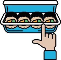 A hand pointing at a tray of sushi vector