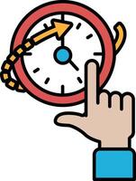 A hand pointing at a clock with the hands on the numbers 1 and 5 vector