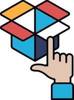 A hand pointing at a box with a red, blue, and yellow square on it vector