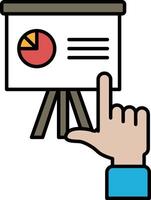 A hand pointing at a white board with a pie chart on it vector