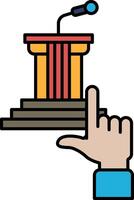 A hand is pointing at a podium with a microphone vector