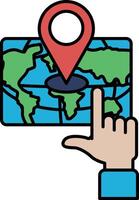 A hand pointing to a map of the world vector