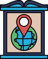 A blue and white sign with a globe and a red dot on it vector